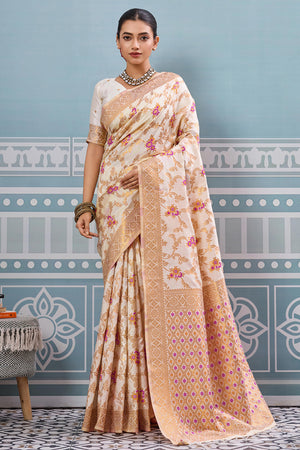 Majestic Bloom Cream Floral Zari Weaving Silk Blend Saree With Elegant Tassel Pallu