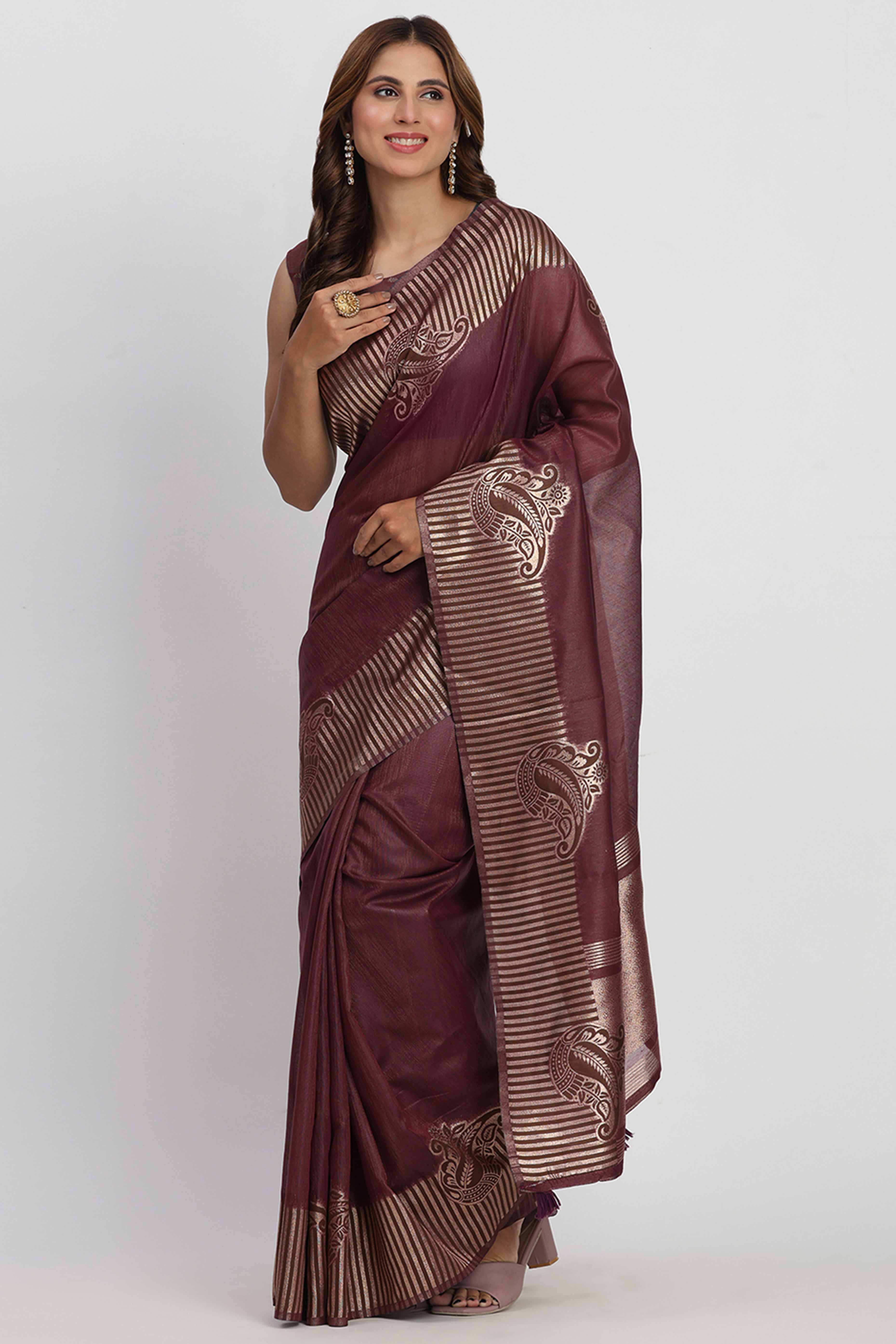 Linen Cotton Saree in Wine Hue Featuring Rich Zari Weaving