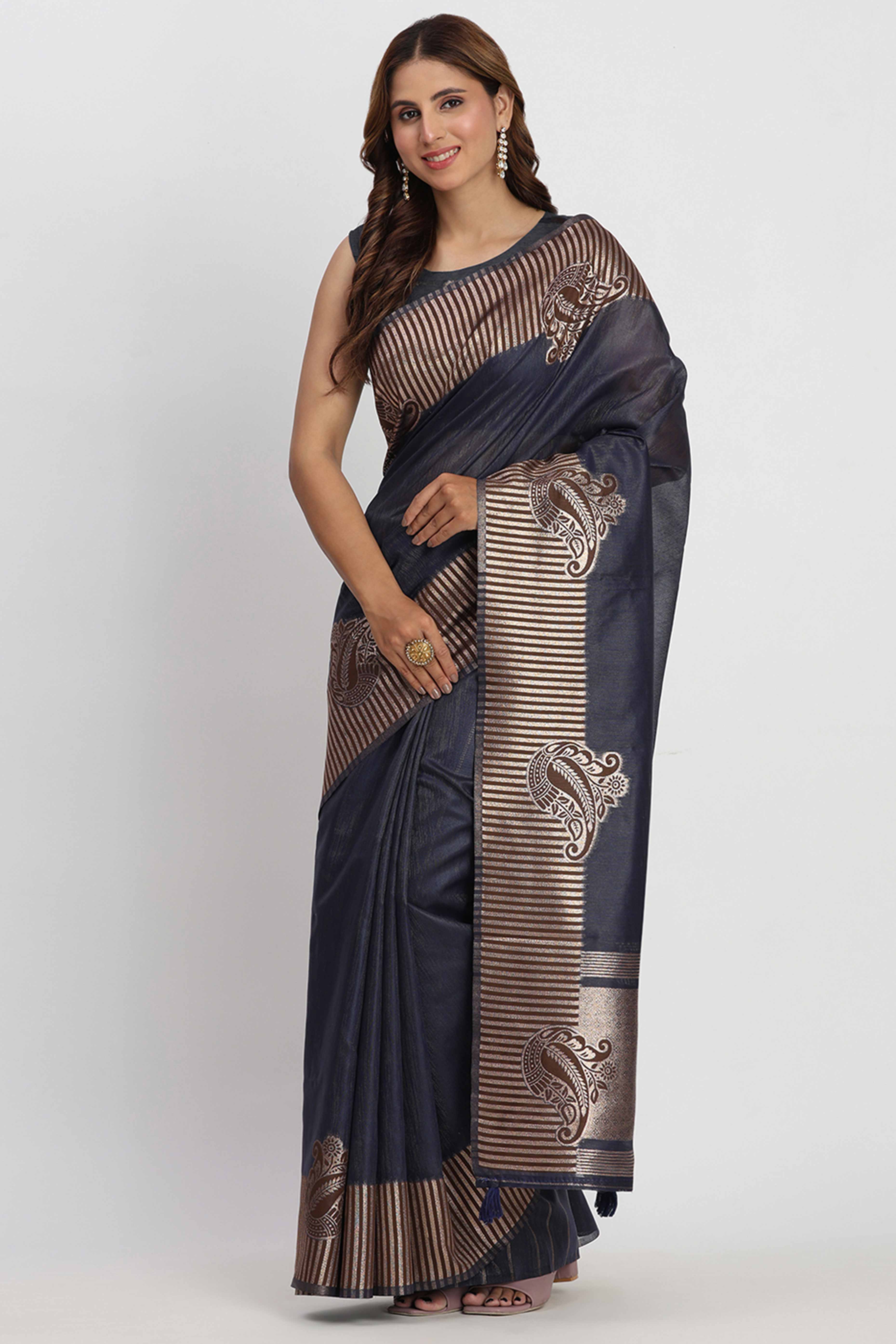 Linen Cotton Saree in Navy Blue Hue Featuring Rich Zari Weaving