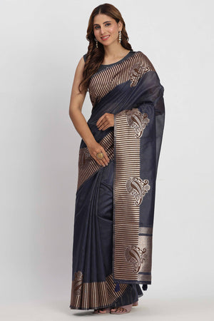 Linen Cotton Saree in Navy Blue Hue Featuring Rich Zari Weaving