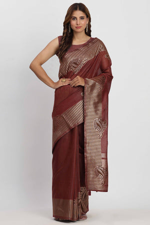 Linen Cotton Saree in Maroon Hue Featuring Rich Zari Weaving