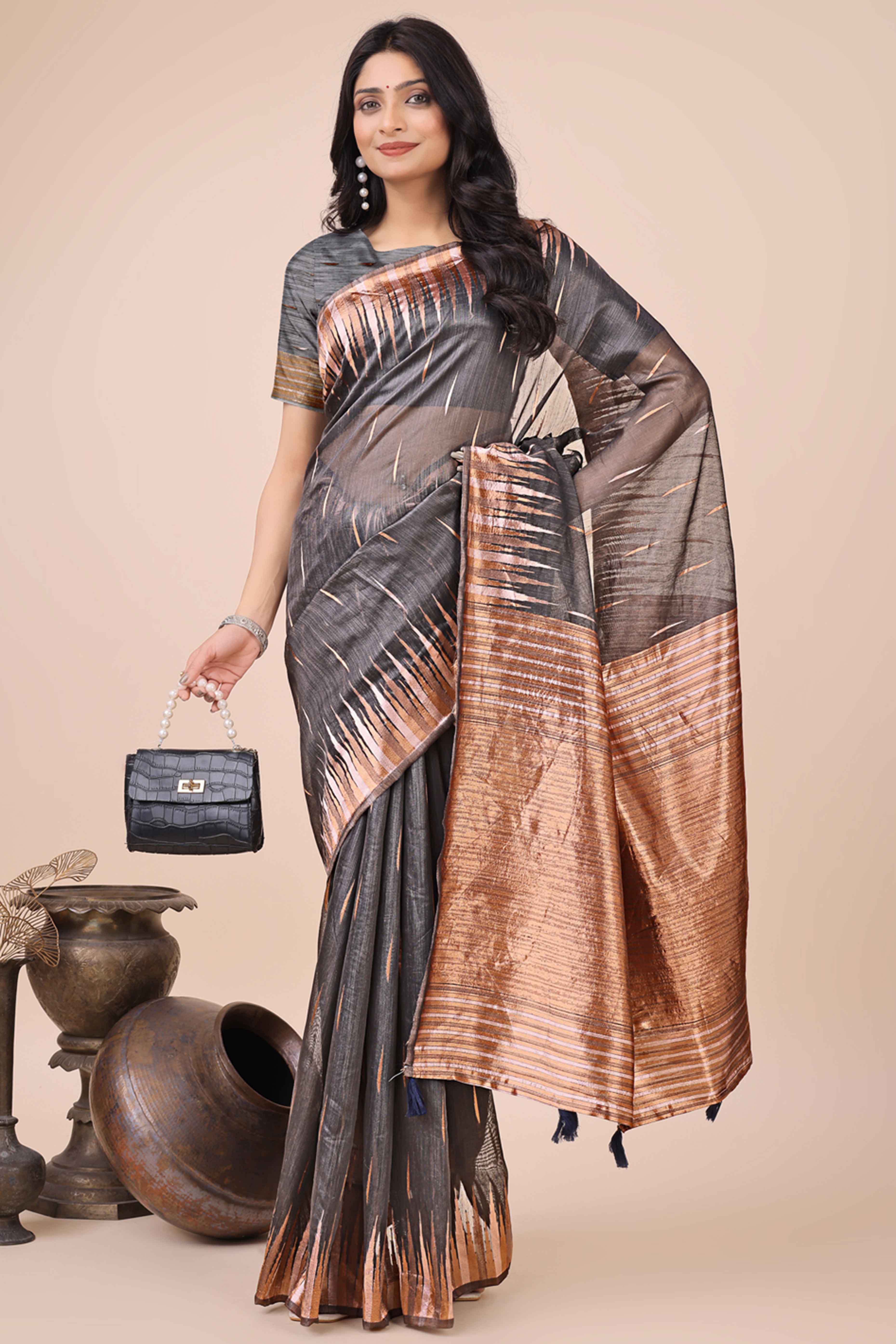 Dark Grey Saree In Linen Cotton With Exquisite Zari Weaving & Subtle Tassel Border