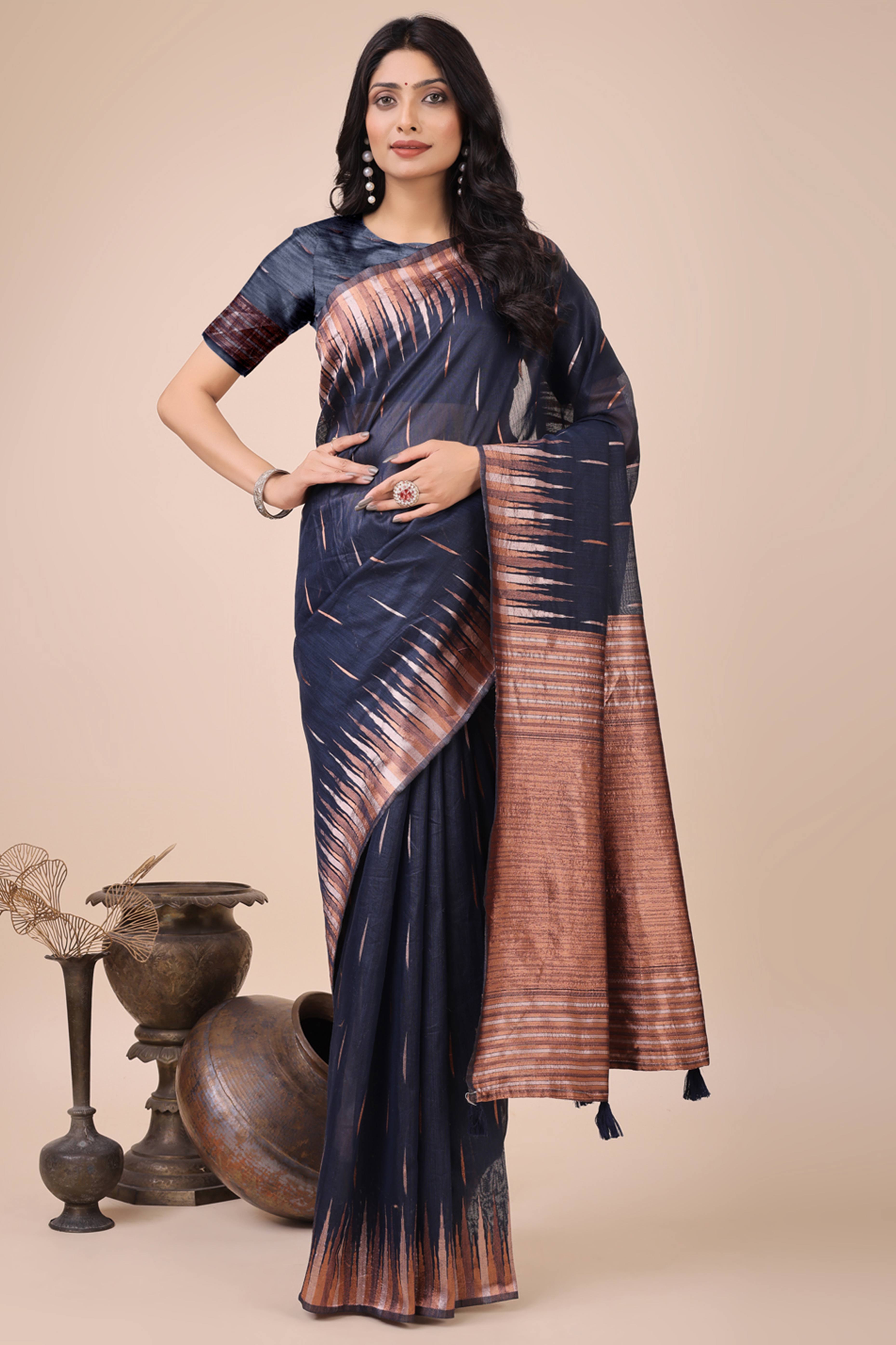 Navy Blue Saree In Linen Cotton With Exquisite Zari Weaving & Subtle Tassel Border