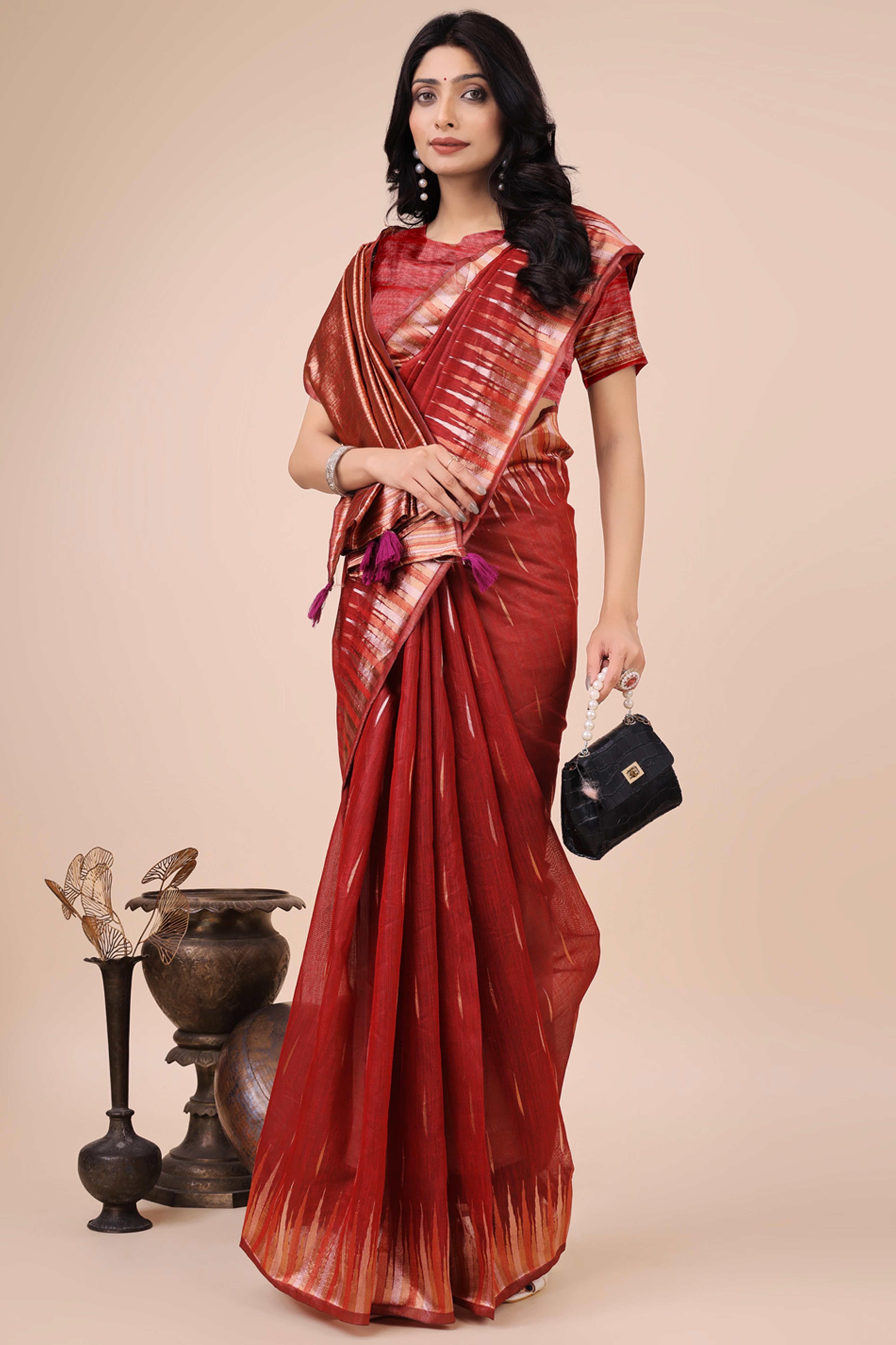 Red Saree In Linen Cotton With Exquisite Zari Weaving & Subtle Tassel Border