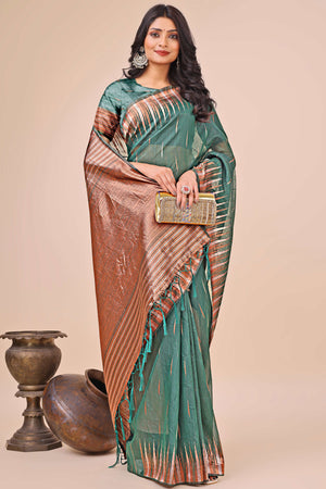 Green Saree In Linen Cotton With Exquisite Zari Weaving & Subtle Tassel Border