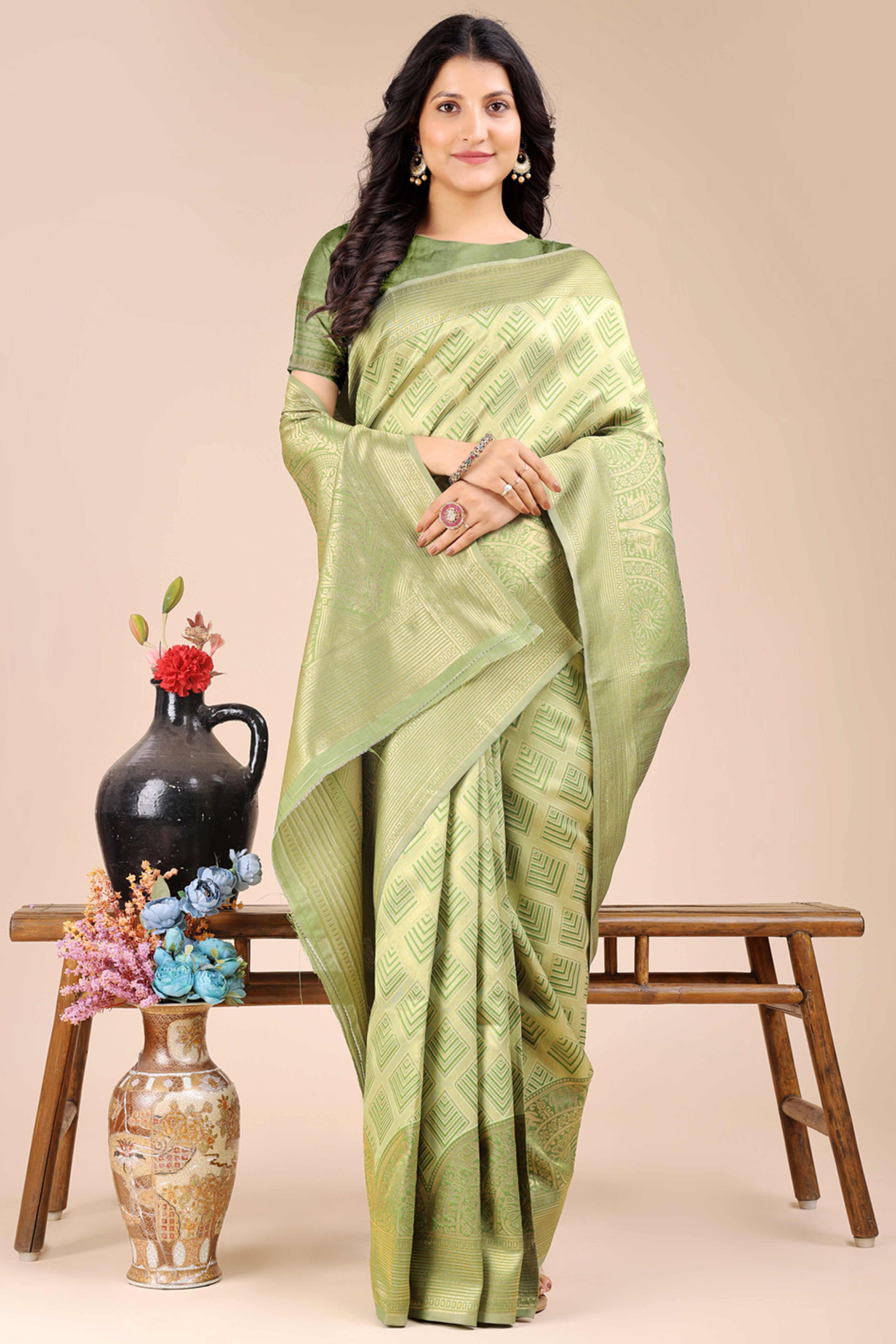 Light Green Zari Woven Banarasi Silk Saree with Luxurious Detailing