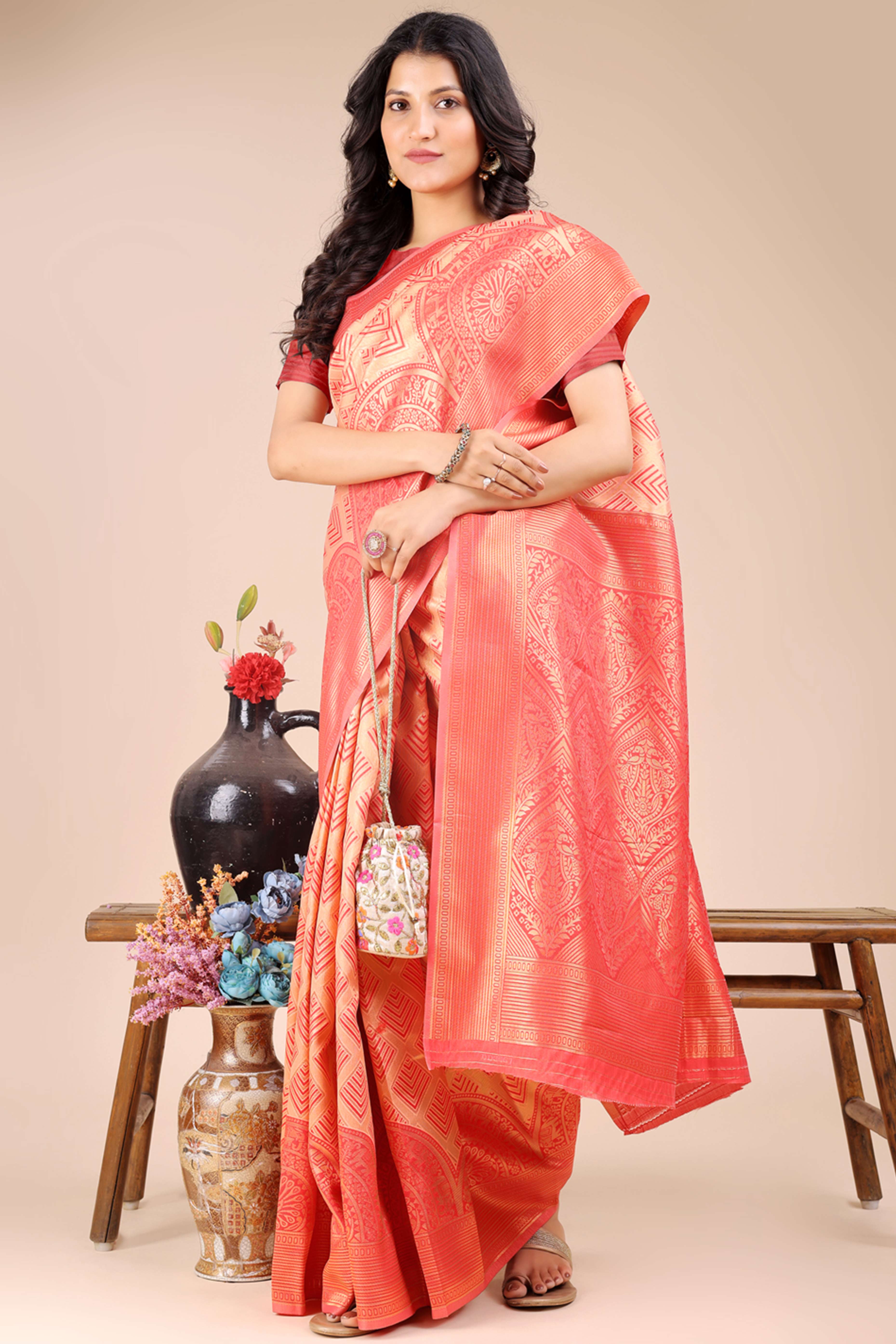 Peach Zari Woven Banarasi Silk Saree with Luxurious Detailing