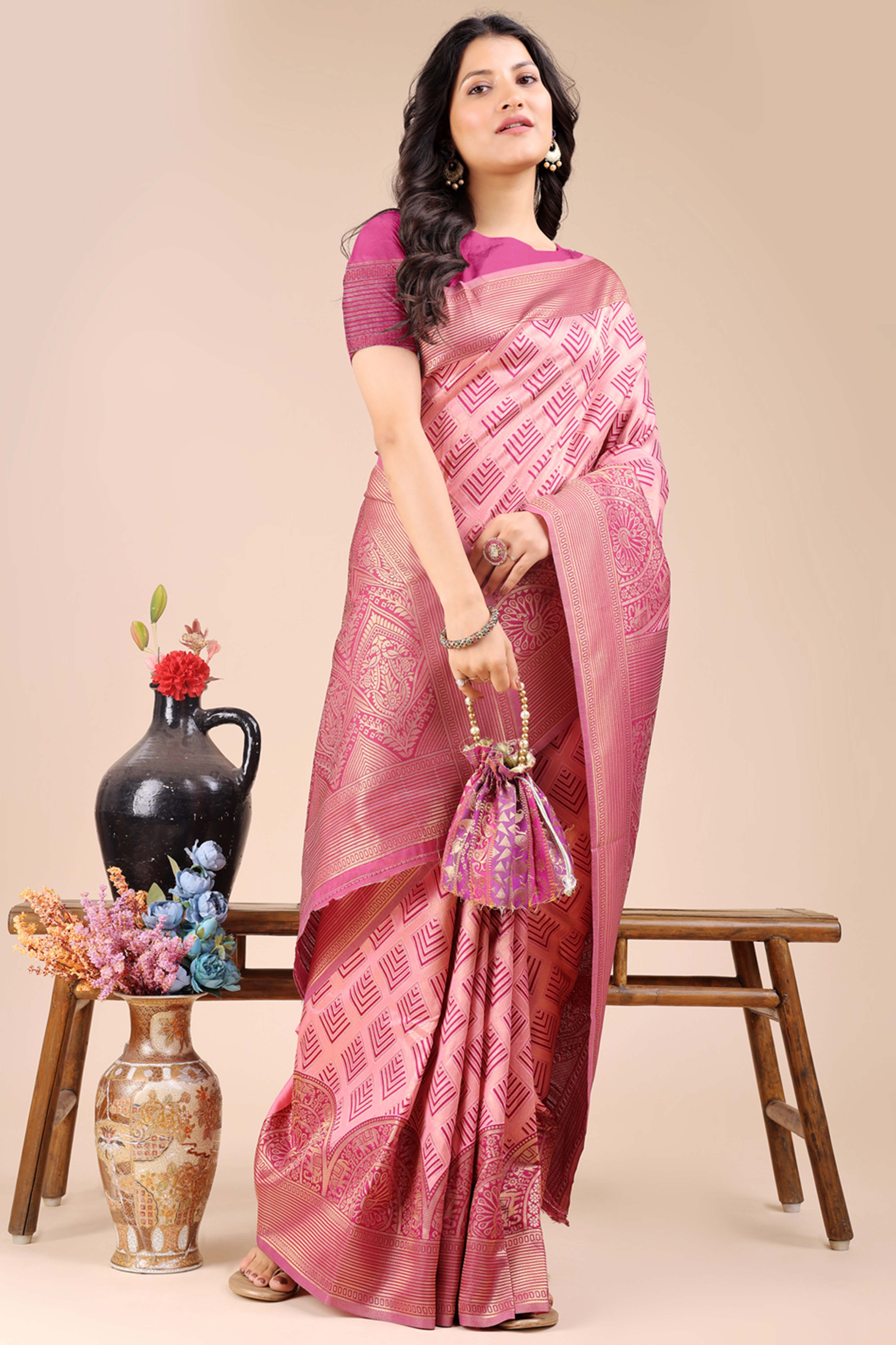 Light Pink Zari Woven Banarasi Silk Saree with Luxurious Detailing