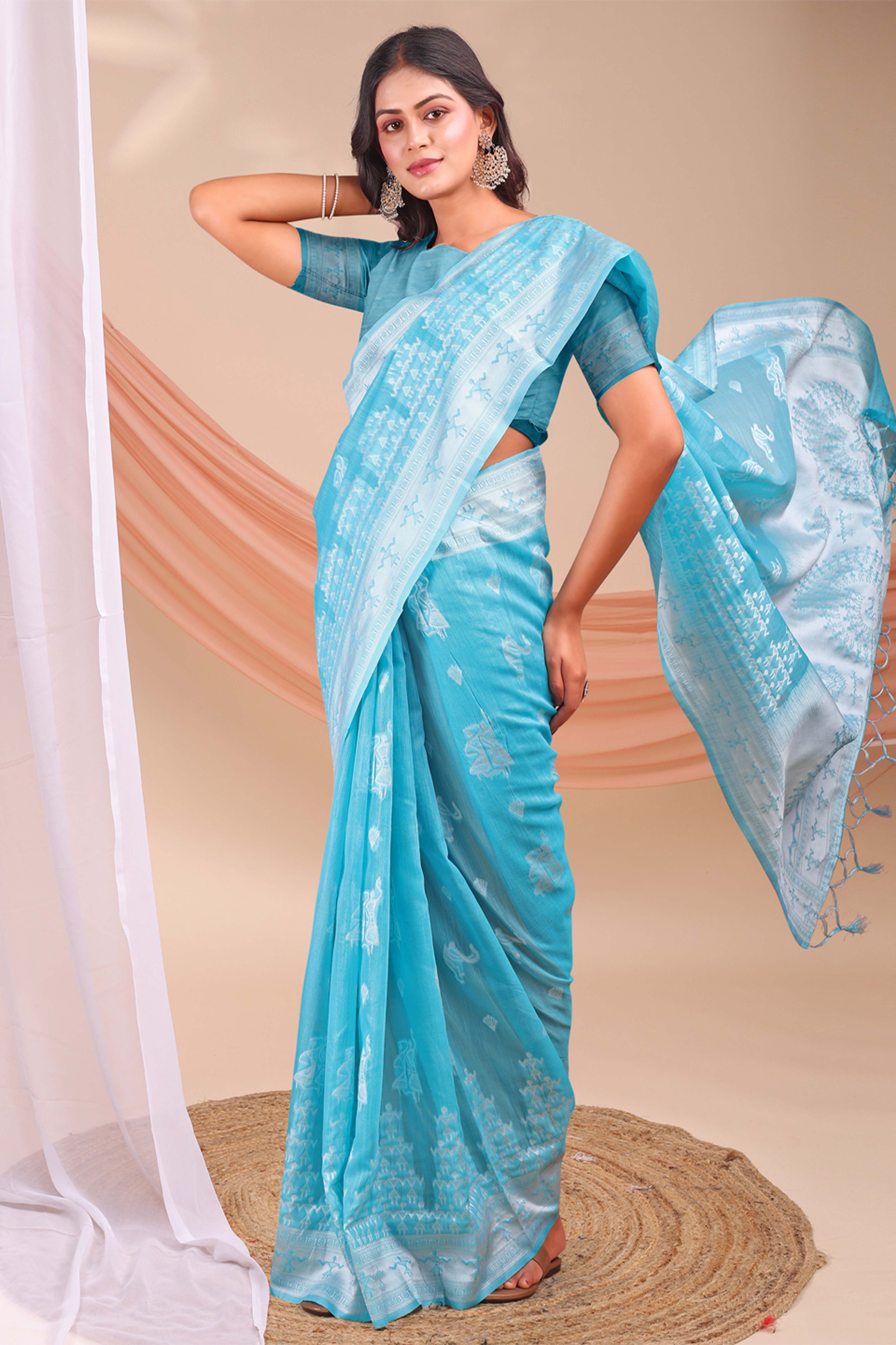 Sky Blue Ethnic Saree in Soft Linen Cotton Fabric Featuring Warli Art Weaving