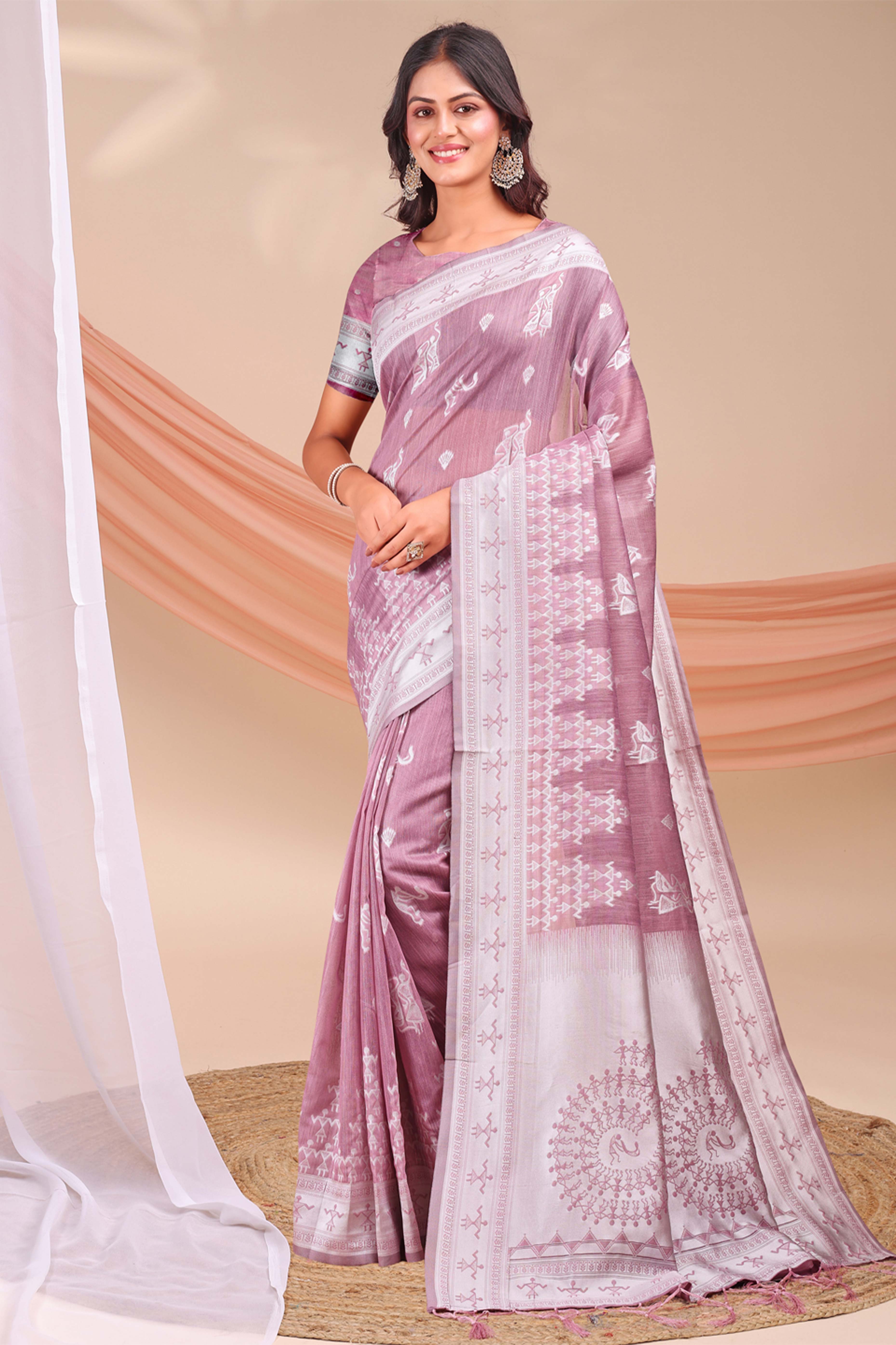 Mauve Ethnic Saree in Soft Linen Cotton Fabric Featuring Warli Art Weaving