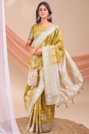 Olive Ethnic Saree in Soft Linen Cotton Fabric Featuring Warli Art Weaving