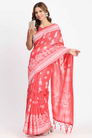 Coral Pink Linen Cotton Saree Showcasing Traditional Warli Motifs In Zari Weaving With Tassel Pallu