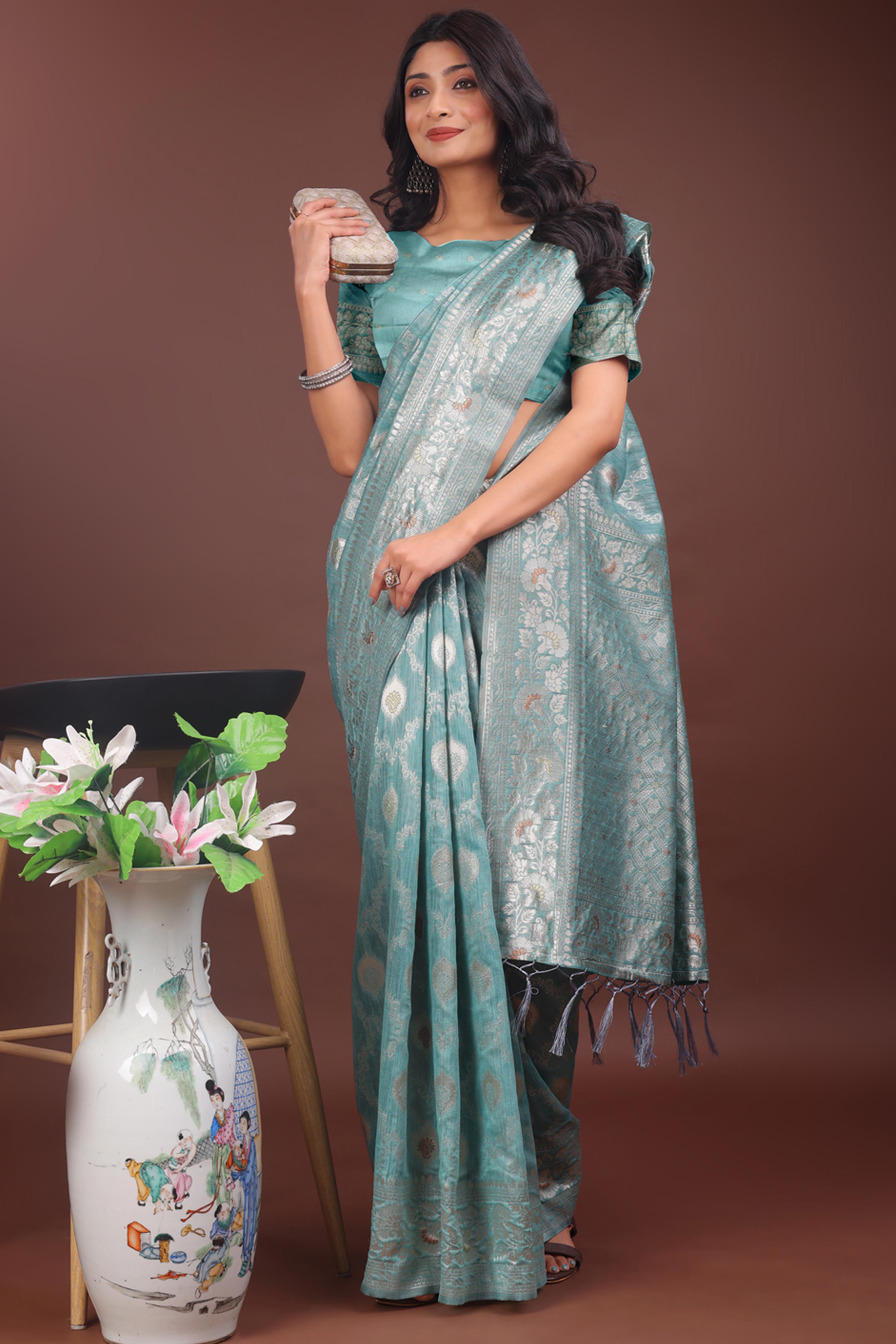 Teal Cotton Blend Saree with Banarasi Style Floral Pattern and Tassels