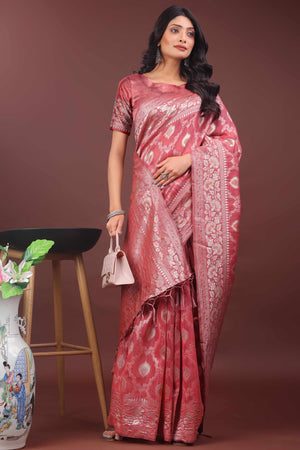 Peach Cotton Blend Saree with Banarasi Style Floral Design and Tassels