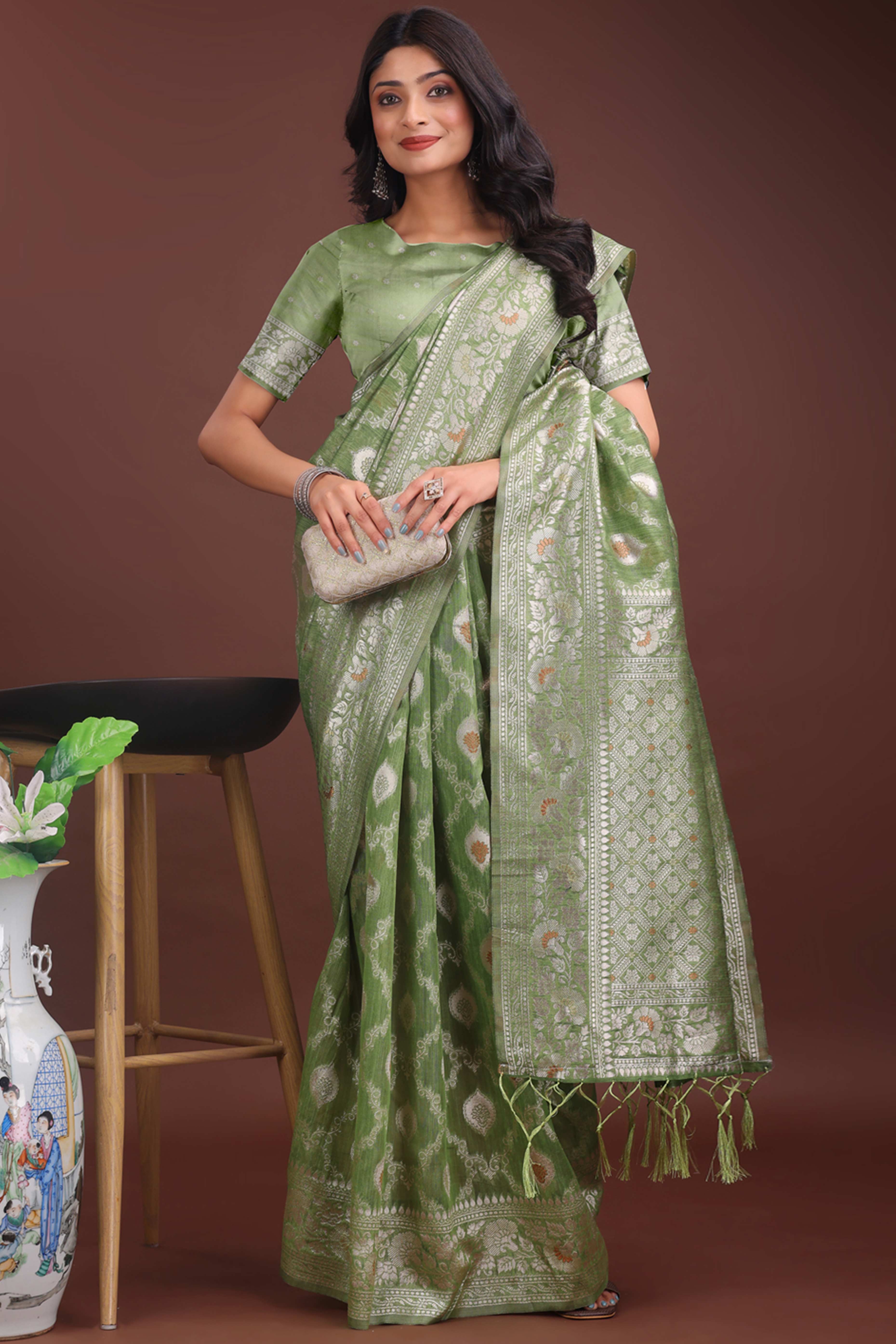 Light Green Cotton Blend Saree with Banarasi Style Floral Artistry and Tassels