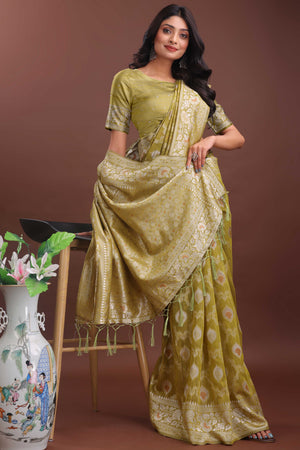 Olive Cotton Blend Saree with Banarasi Style Floral Motif and Tassels