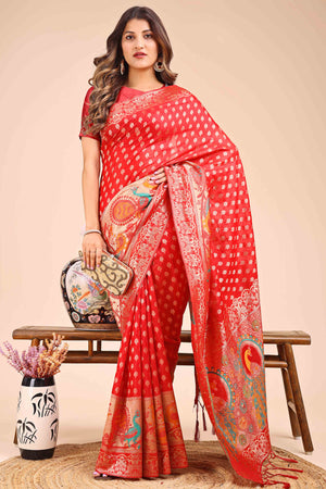 Red Floral Zari Weaving Embellished Linen Cotton Saree With Tassel Accents