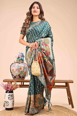 Green Floral Zari Weaving Embellished Linen Cotton Saree With Tassel Accents