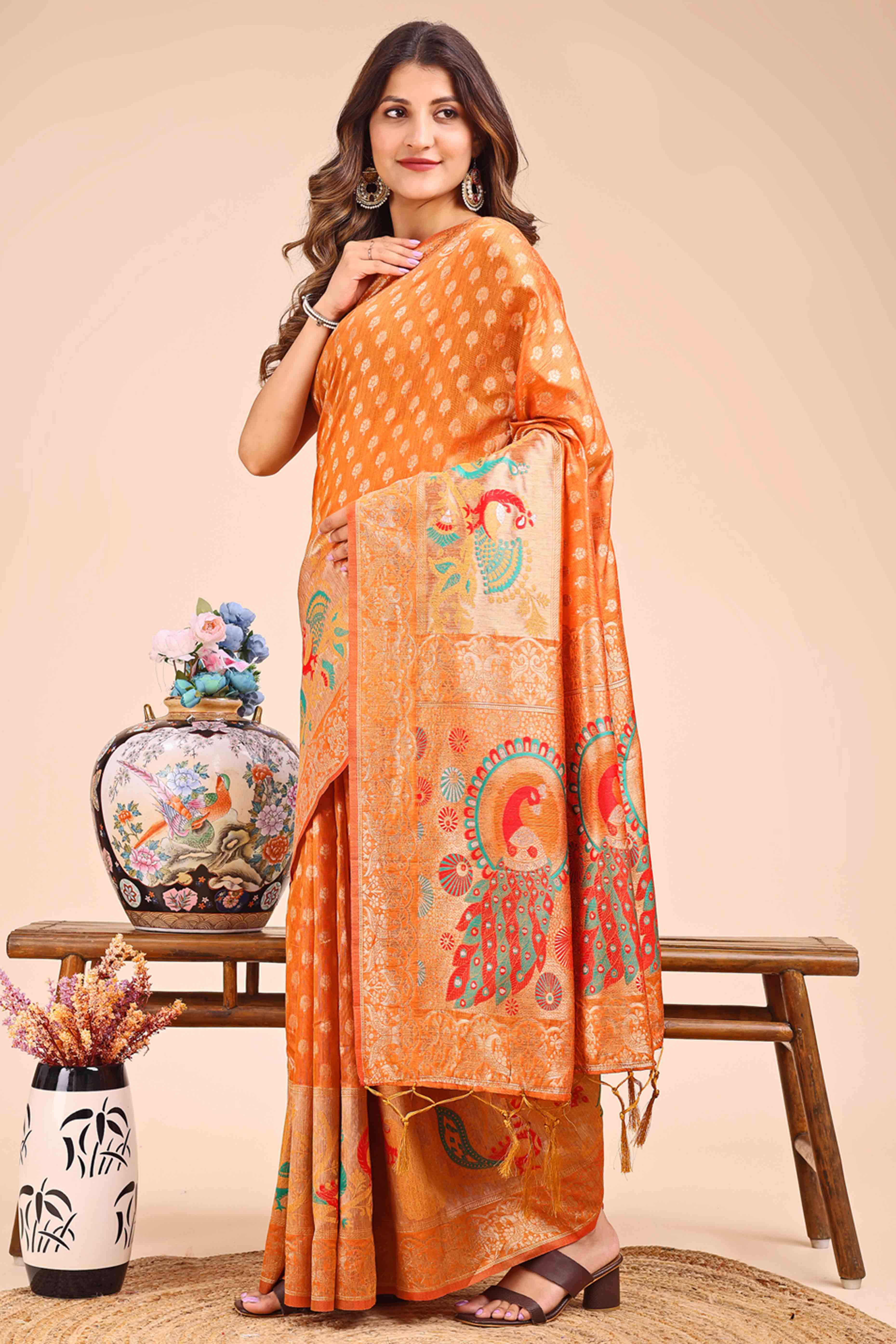 Orange Floral Zari Weaving Embellished Linen Cotton Saree With Tassel Accents