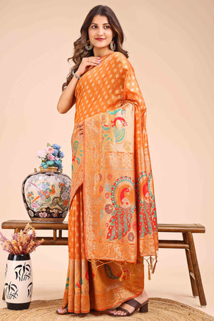 Orange Floral Zari Weaving Embellished Linen Cotton Saree With Tassel Accents