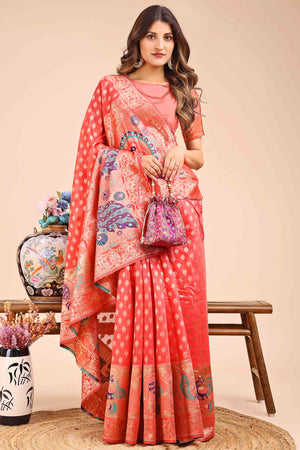 Coral Red Floral Zari Weaving Embellished Linen Cotton Saree With Tassel Accents
