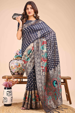 Navy Blue Floral Zari Weaving Embellished Linen Cotton Saree With Tassel Accents