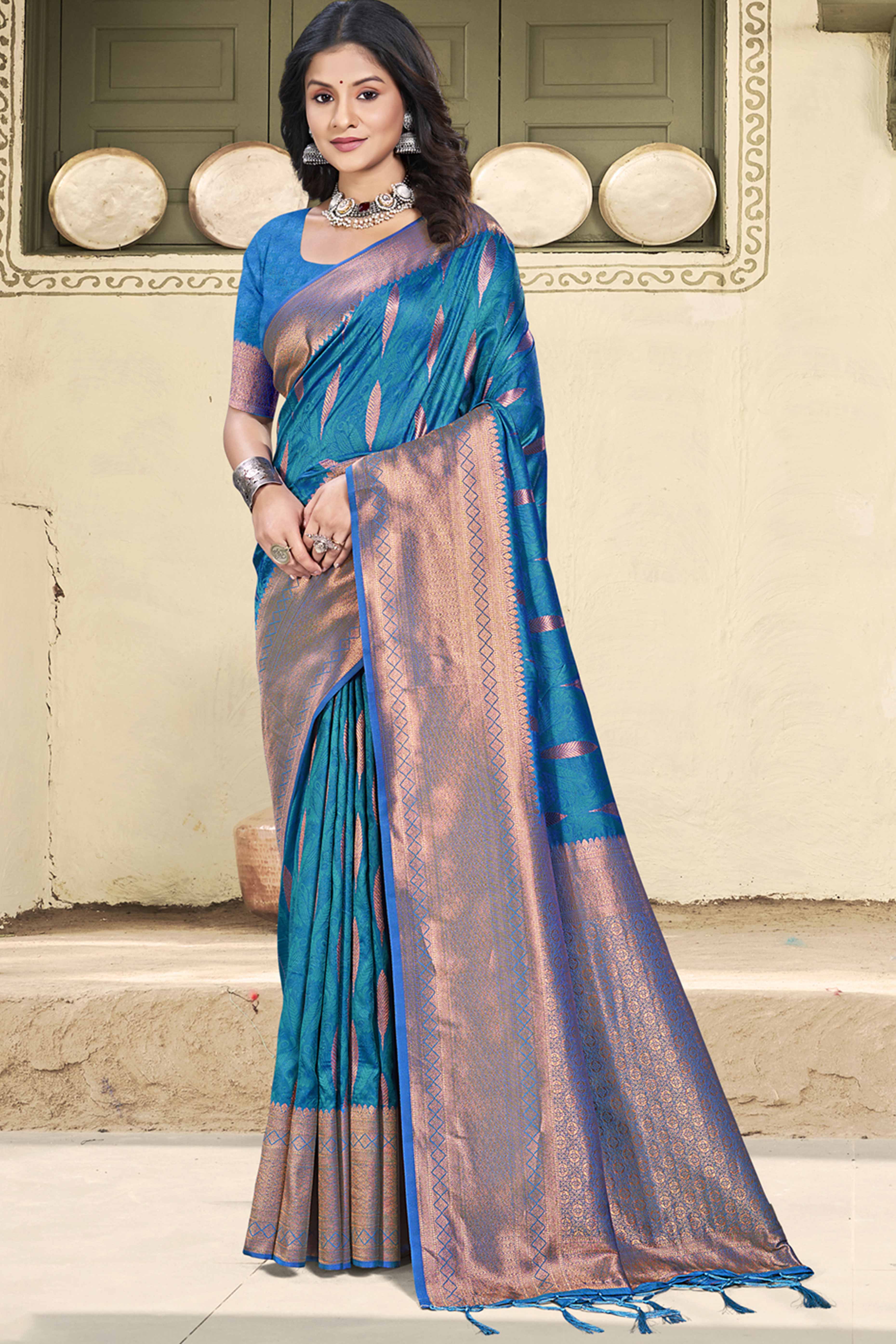 Timeless Blue Floral Zari Woven Silk Blend Saree Accented With Tassel Pallu