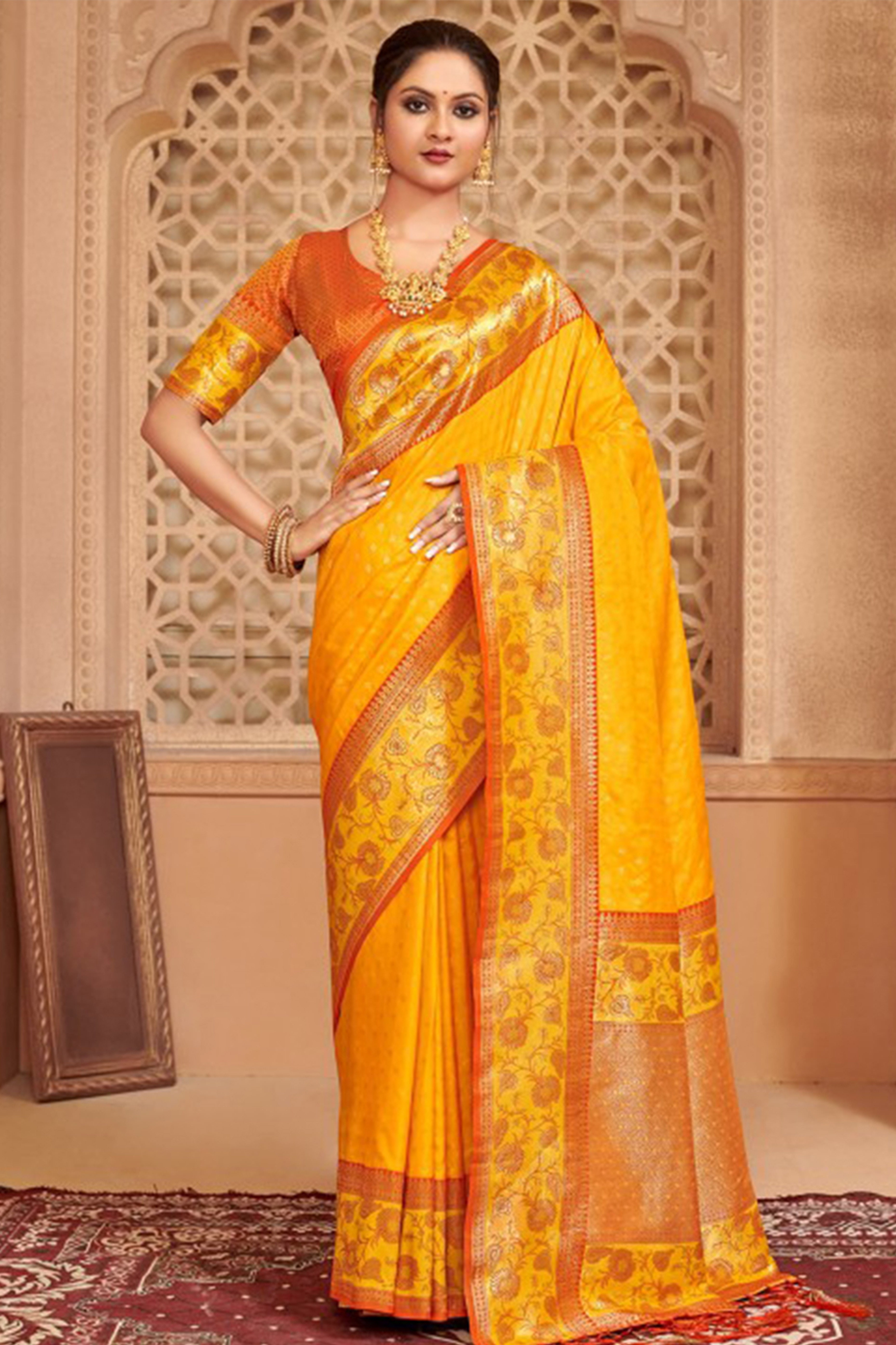 Elegant Yellow Floral Zari Weaving Silk Blend Saree With Tassel Pallu