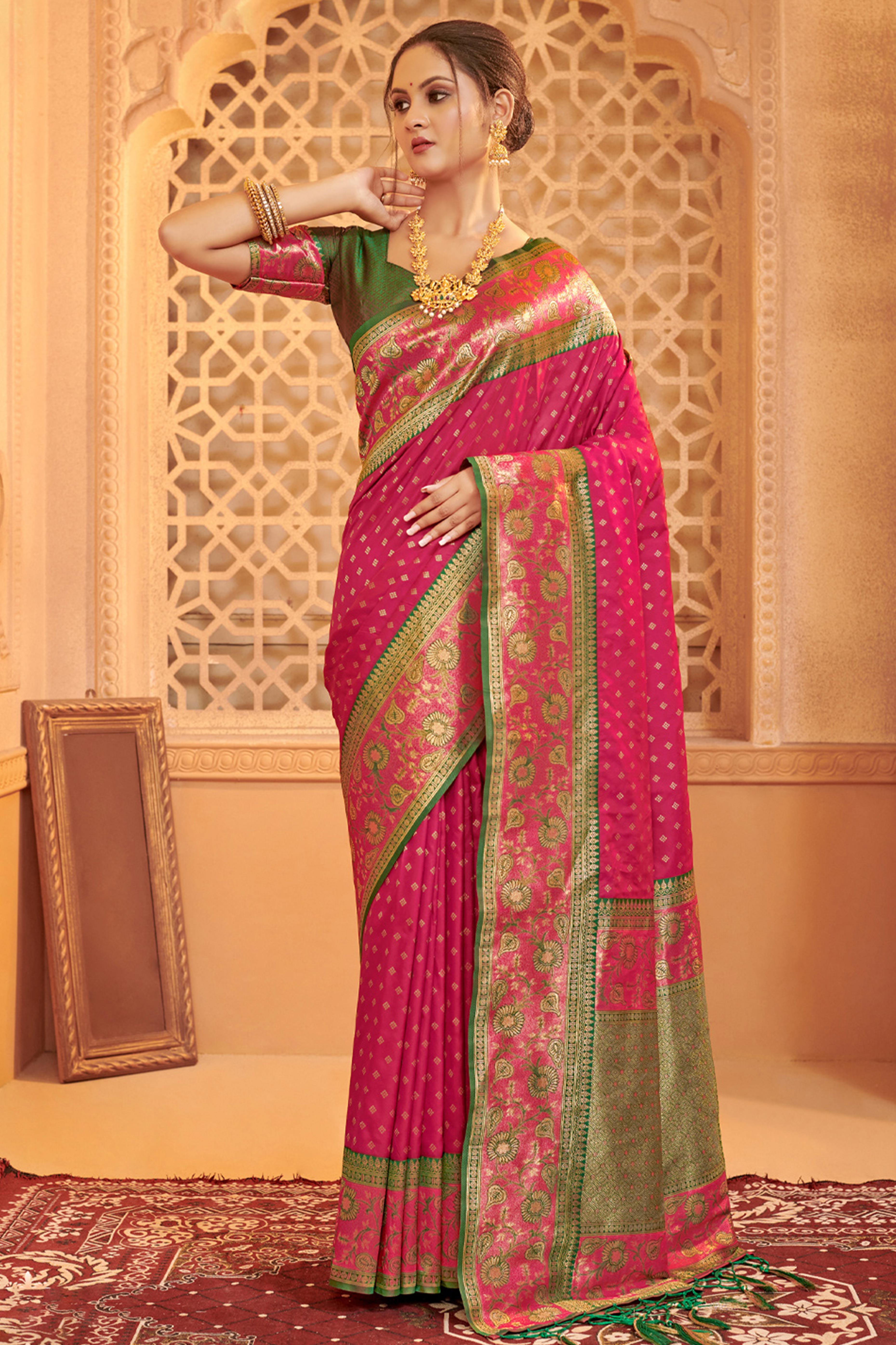 Elegant Rani Pink Floral Zari Weaving Silk Blend Saree With Tassel Pallu