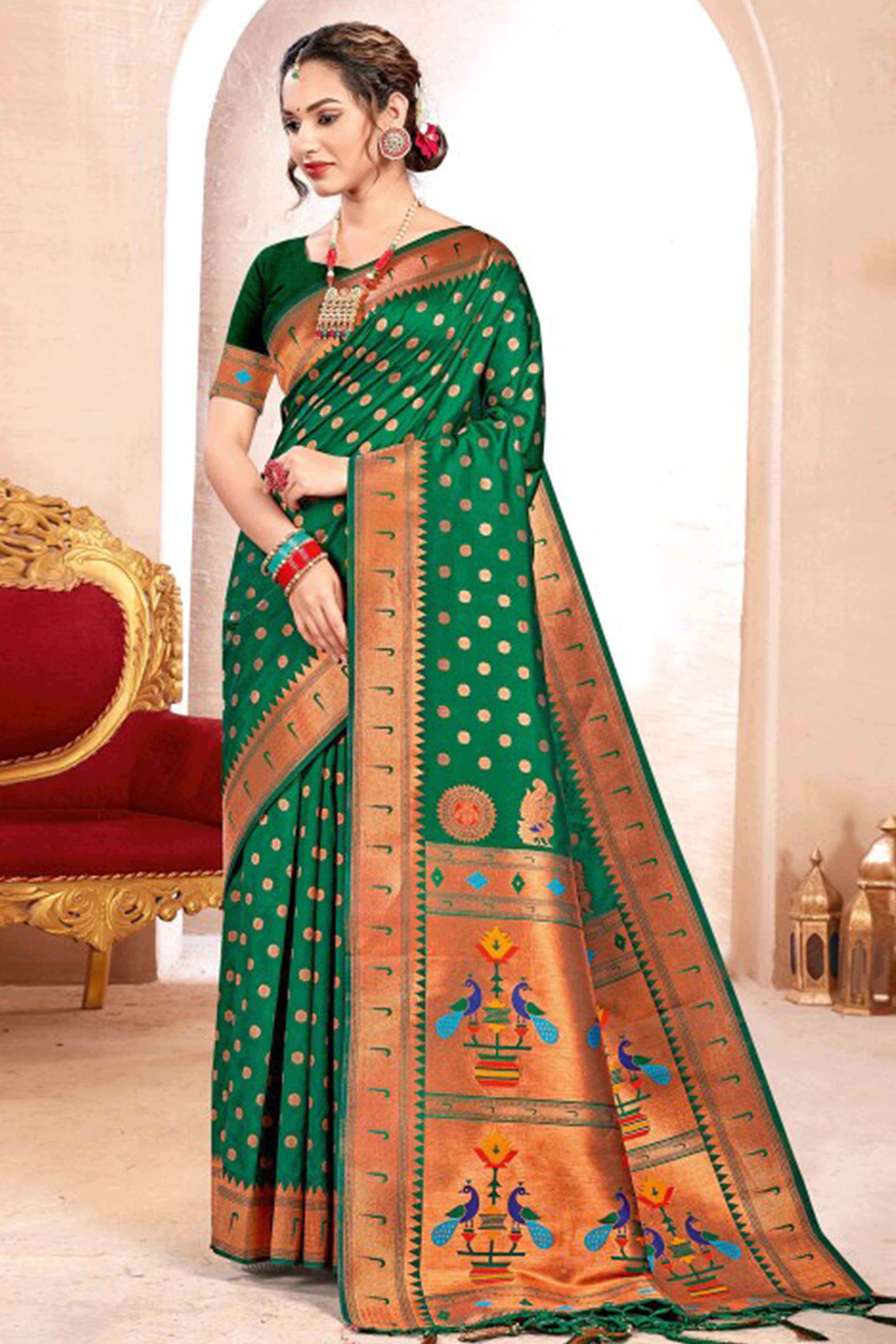 Green Floral Zari Weaving Paithani Saree In Lustrous Banarasi Silk With Tassel Pallu