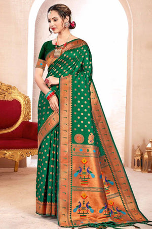 Green Floral Zari Weaving Paithani Saree In Lustrous Banarasi Silk With Tassel Pallu