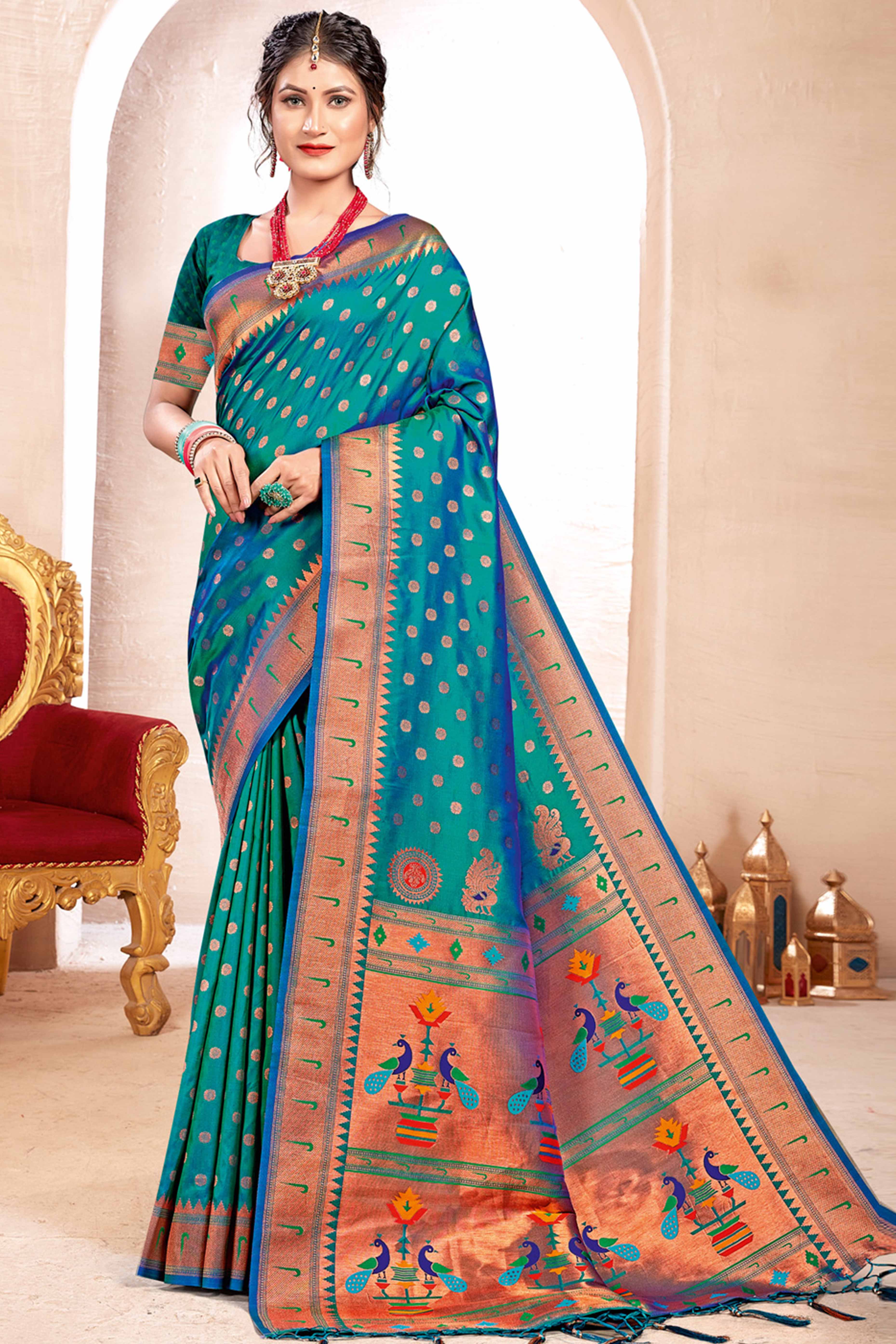 Rama Blue Floral Zari Weaving Paithani Saree In Lustrous Banarasi Silk With Tassel Pallu