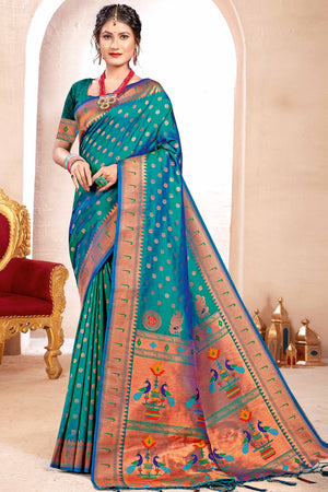 Rama Blue Floral Zari Weaving Paithani Saree In Lustrous Banarasi Silk With Tassel Pallu