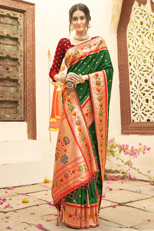 Charming Green Floral Zari Woven Silk Blend Saree With Stylish Tassel Pallu