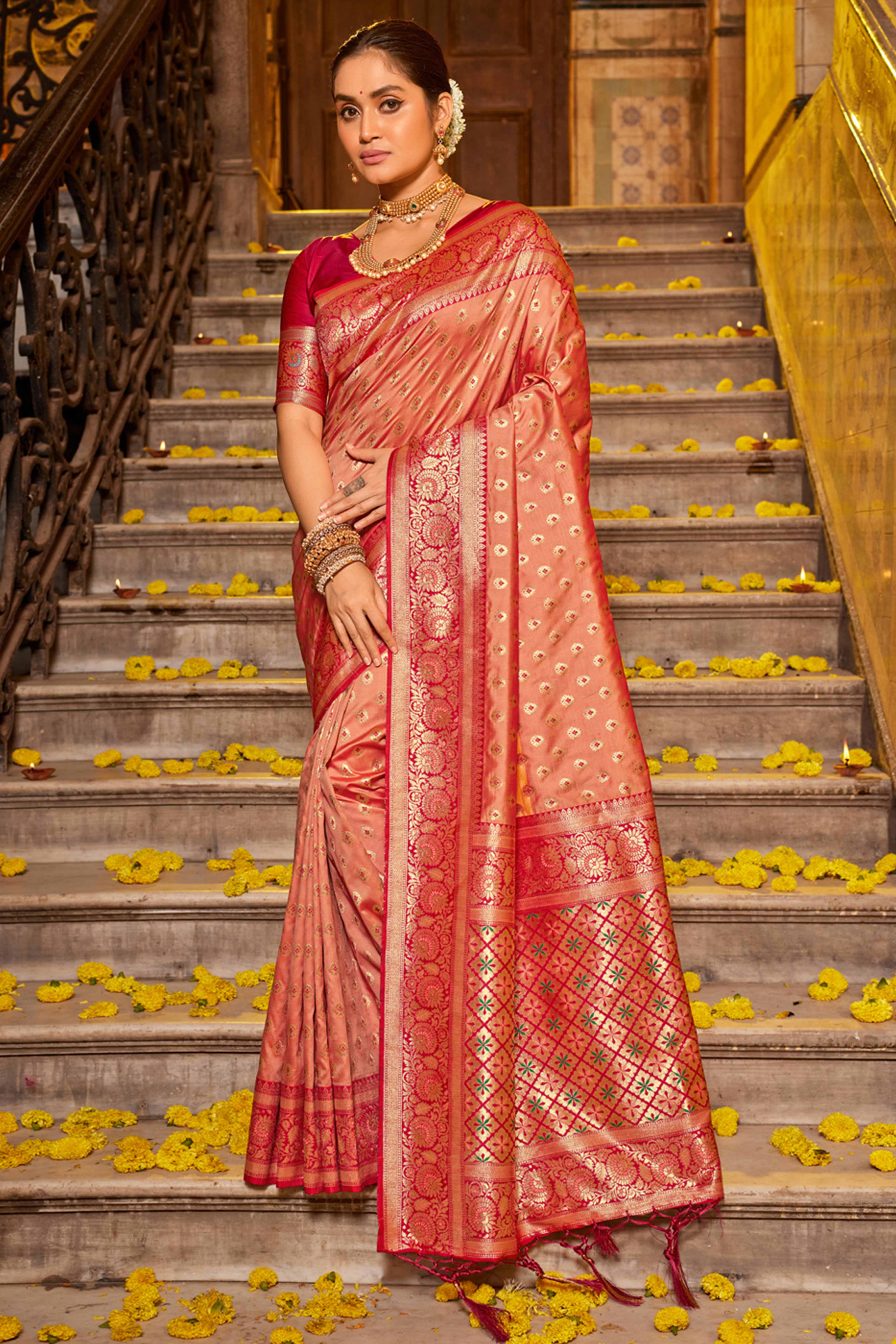 Peach Banarasi Silk Saree Featuring Intricate Floral Weaving & Elegant Tassel Pallu