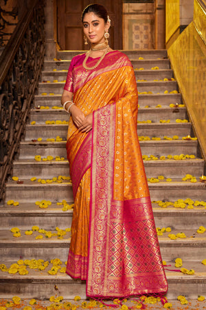 Orange Banarasi Silk Saree Featuring Intricate Floral Weaving & Elegant Tassel Pallu
