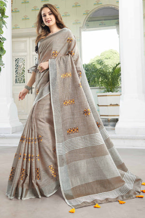 Light Beige Linen Saree with Intricate Floral Embroidery and Classic Weaving