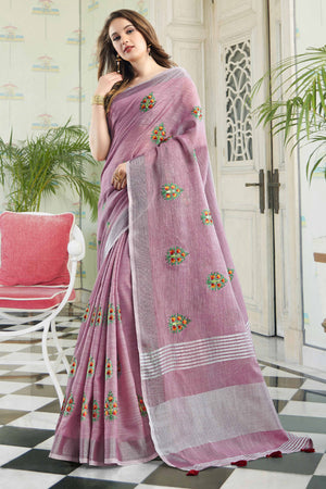 Light Purple Linen Saree with Intricate Floral Embroidery and Classic Weaving
