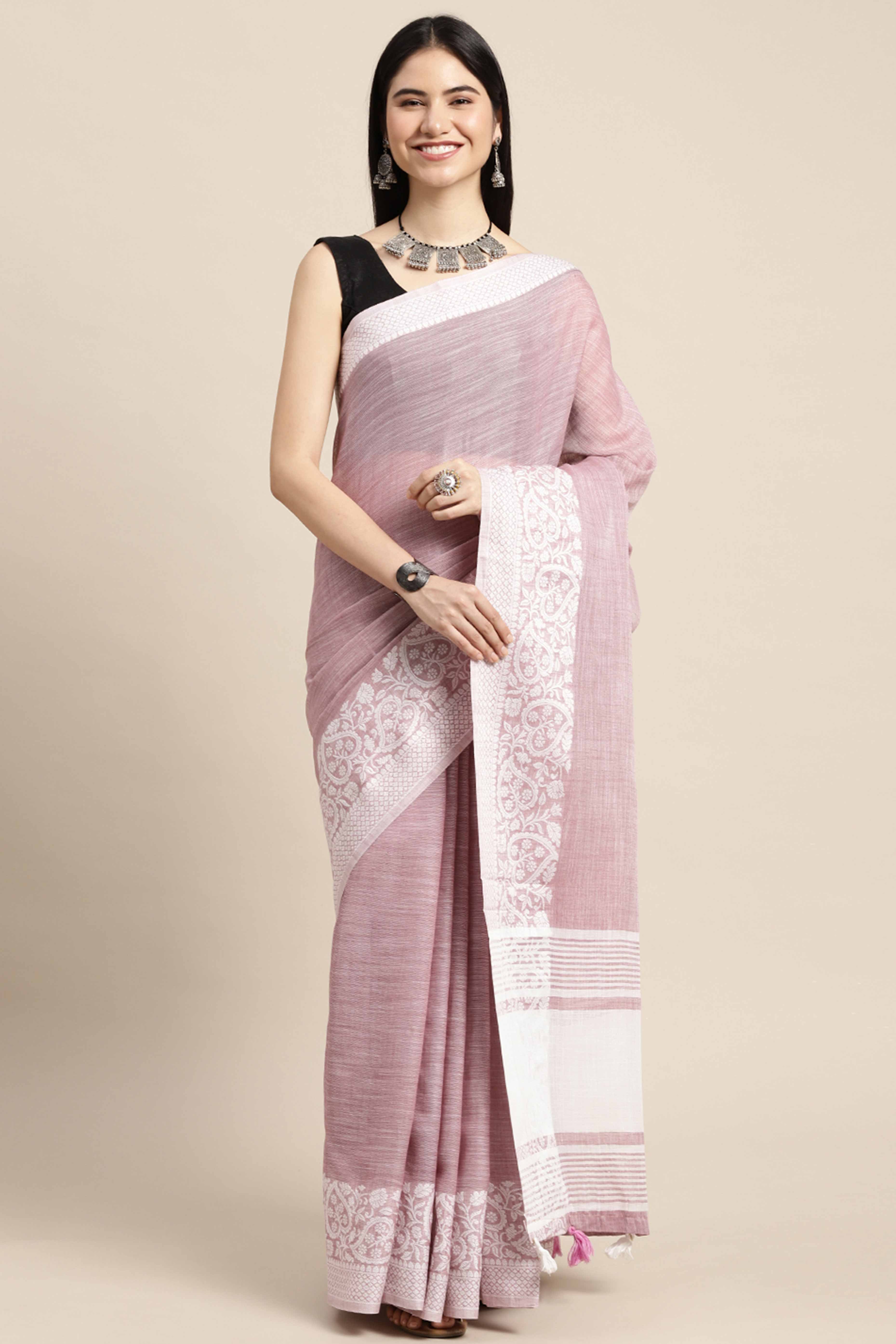 Purple Festive Linen Weaving Saree with Silver Zari Border & Pallu