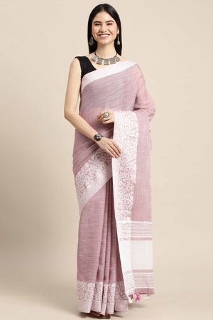 Purple Festive Linen Weaving Saree with Silver Zari Border & Pallu