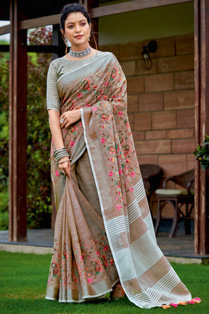 Handwoven Brown Linen Saree with Floral Embroidered Patterns