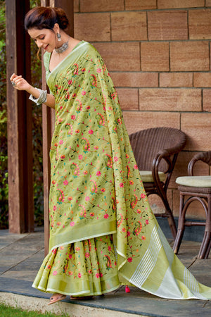 Handwoven Green Linen Saree with Floral Embroidered Patterns
