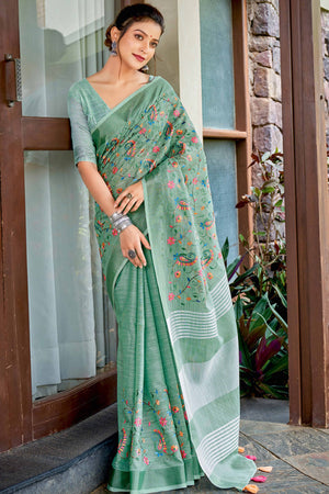 Handwoven Sea Green Linen Saree with Floral Embroidered Patterns