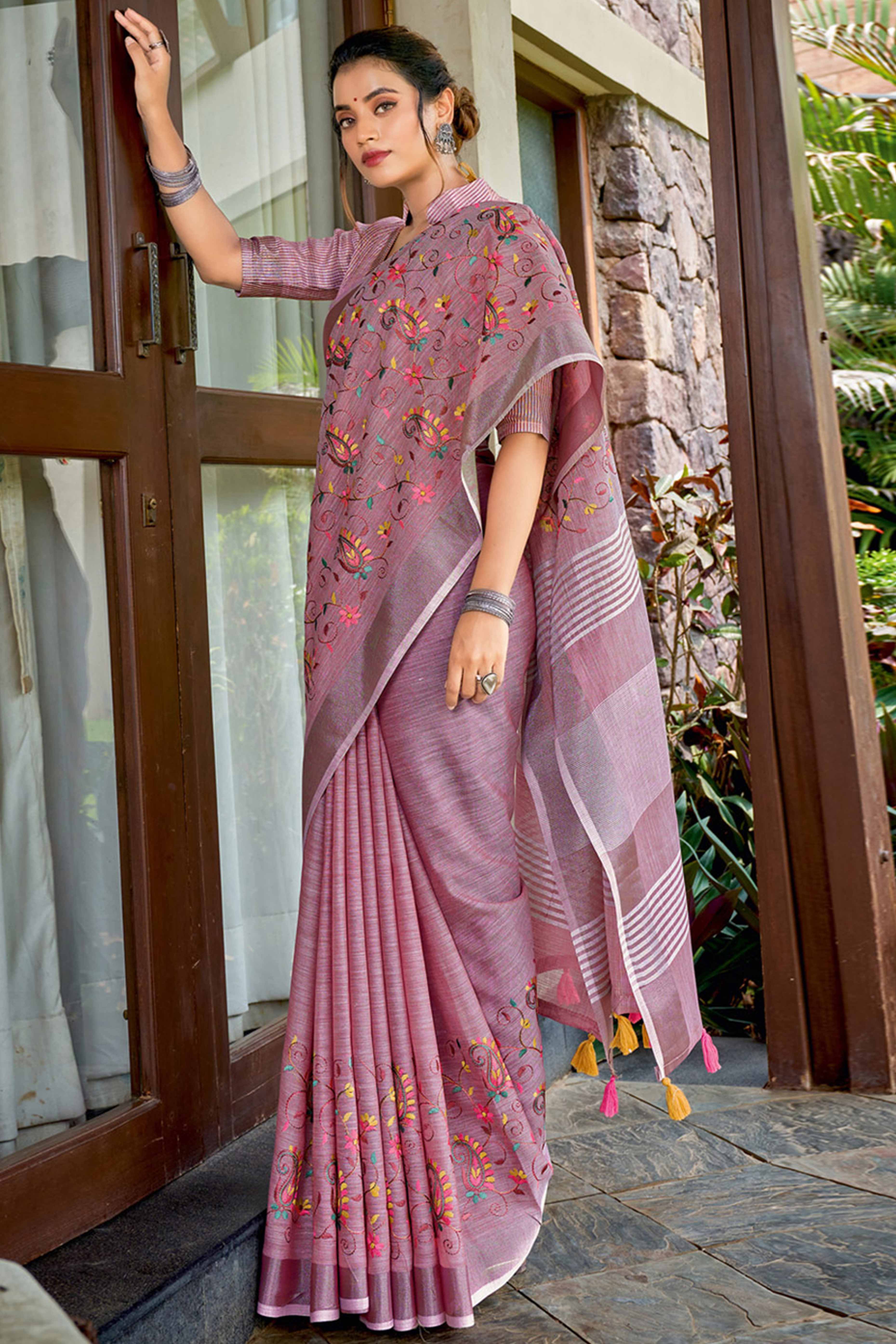 Handwoven Mauve Linen Saree with Floral Embroidered Patterns