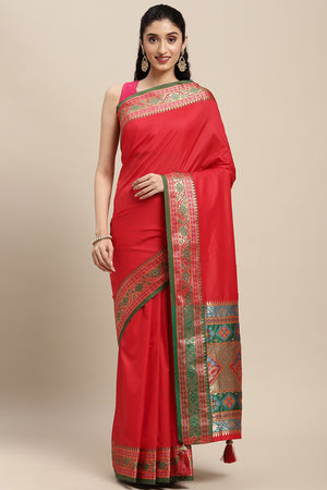 Graceful Red Solid Saree Highlighted With Floral Zari Weaving On Silk Blend & Tassel Pallu