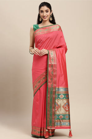 Graceful Gajari Pink Solid Saree Highlighted With Floral Zari Weaving On Silk Blend & Tassel Pallu