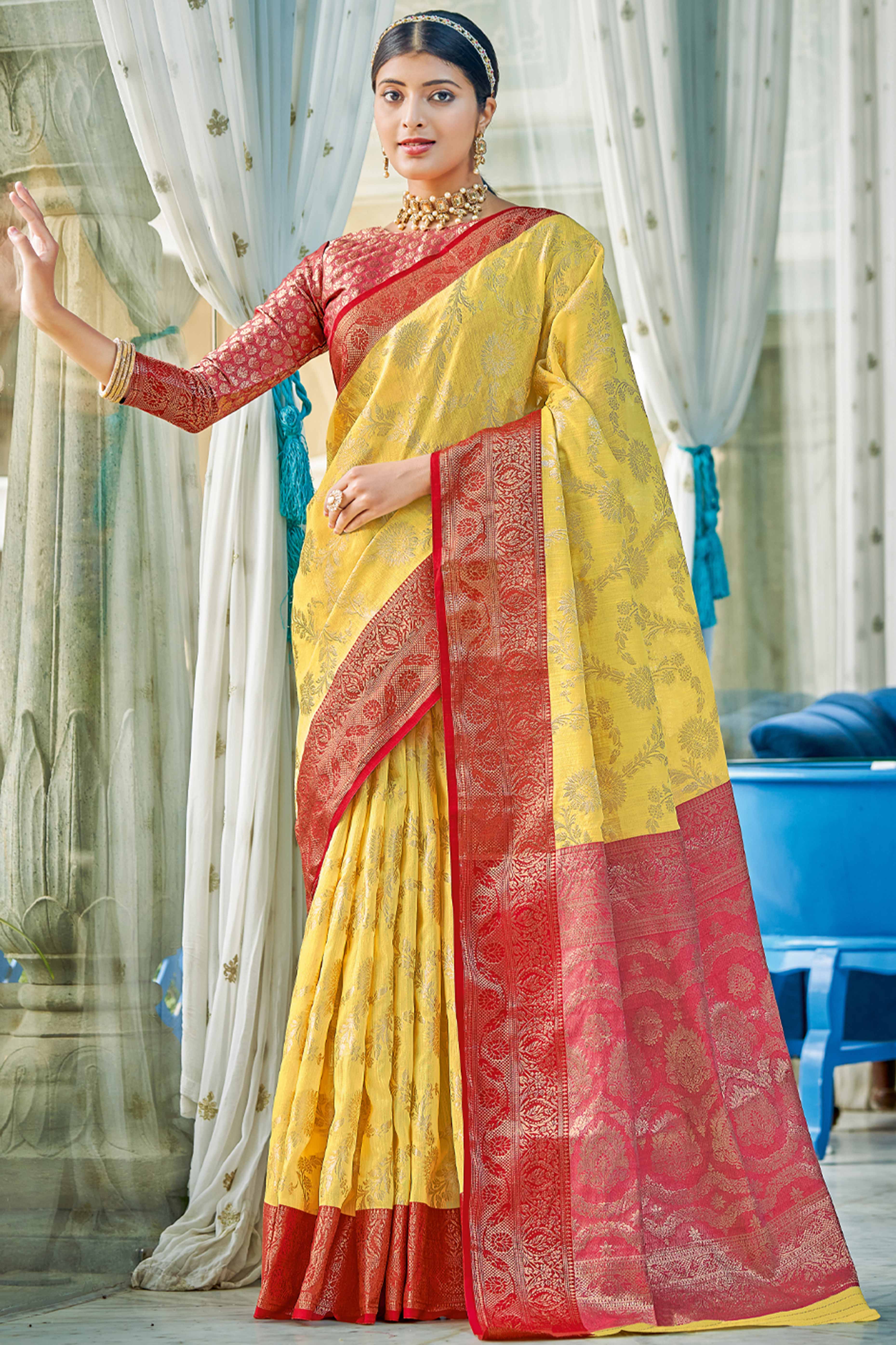 Yellow Saree Featuring Exquisite Floral Zari Weaving On Linen Cotton