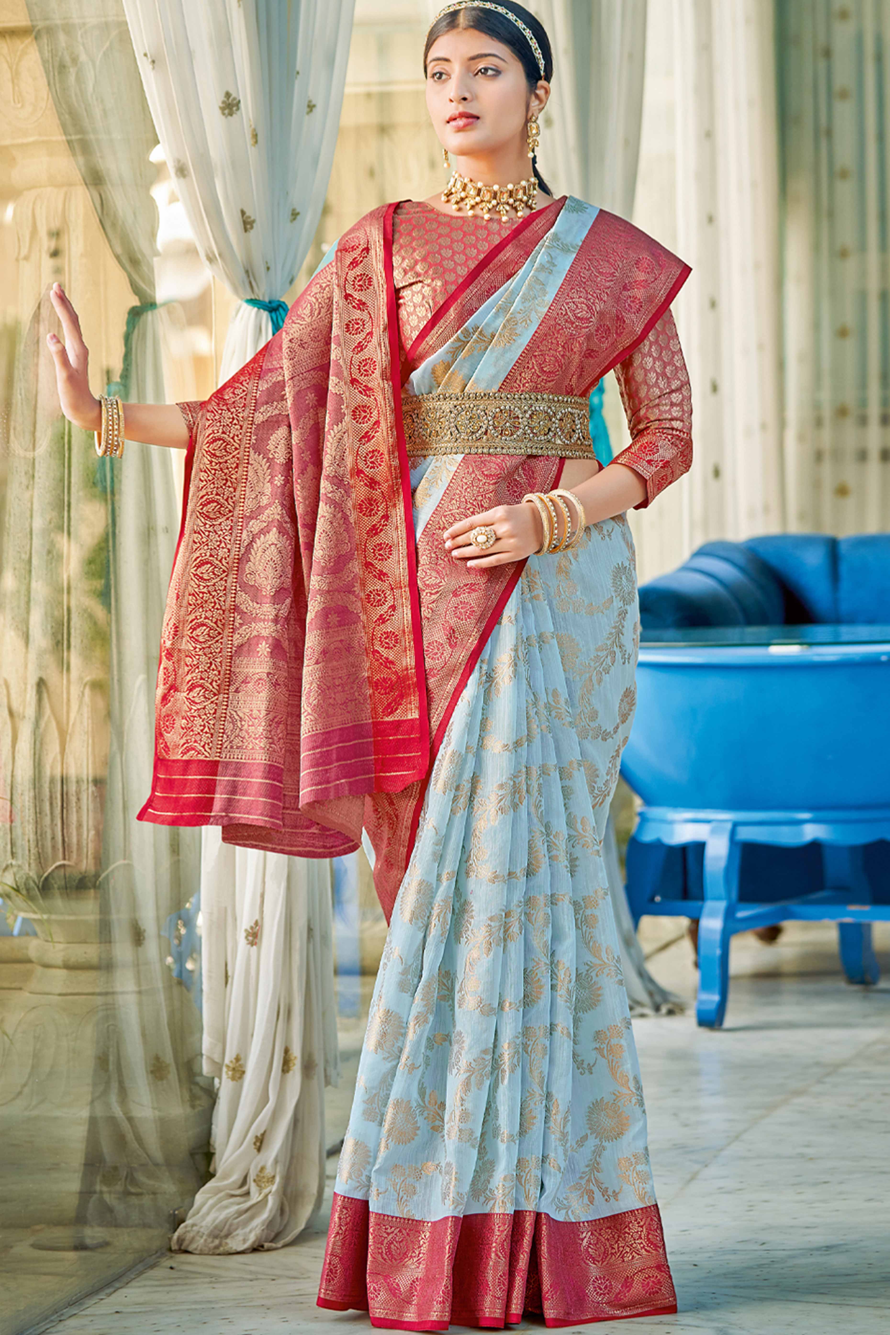 Sky Blue Saree Featuring Exquisite Floral Zari Weaving On Linen Cotton