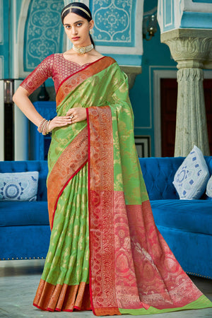 Green Saree Featuring Exquisite Floral Zari Weaving On Linen Cotton