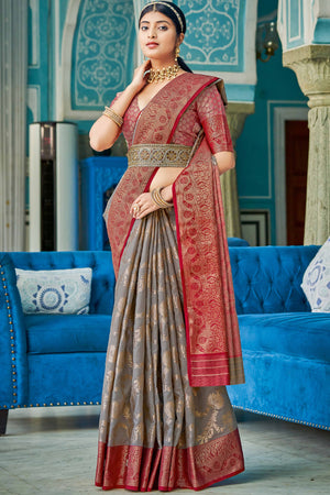 Grey Saree Featuring Exquisite Floral Zari Weaving On Linen Cotton